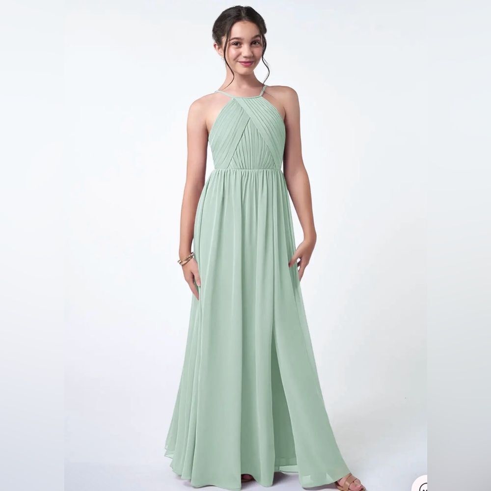 AZAZIE Leighton Agave A-Line Pleated Chiffon Dress Halter Neck Seafoam Size 25